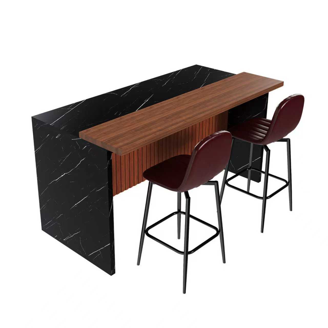 63 - inch Modern Kitchen Island Set with 2 Dark Brown Bar Stools - Black Marble Look Surface, LED Lighting & Grill Design for Dining Room, Open Concept Spaces, Lounge(2 Dark Brown Bar Stools) - 1st Choice Furniture Direct