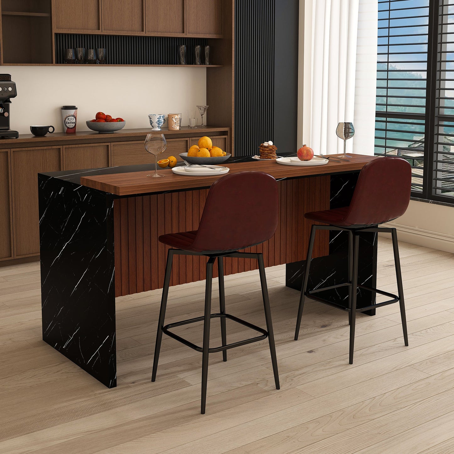63 - inch Modern Kitchen Island Set with 2 Dark Brown Bar Stools - Black Marble Look Surface, LED Lighting & Grill Design for Dining Room, Open Concept Spaces, Lounge(2 Dark Brown Bar Stools) - 1st Choice Furniture Direct