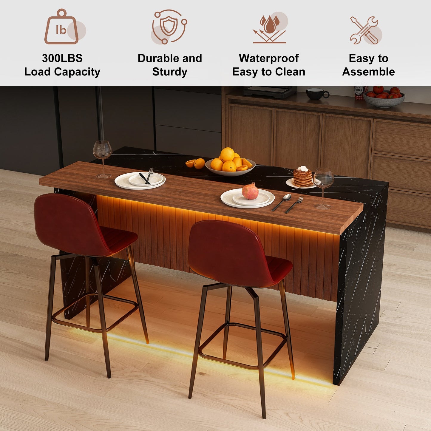 63 - inch Modern Kitchen Island Set with 2 Dark Brown Bar Stools - Black Marble Look Surface, LED Lighting & Grill Design for Dining Room, Open Concept Spaces, Lounge(2 Dark Brown Bar Stools) - 1st Choice Furniture Direct