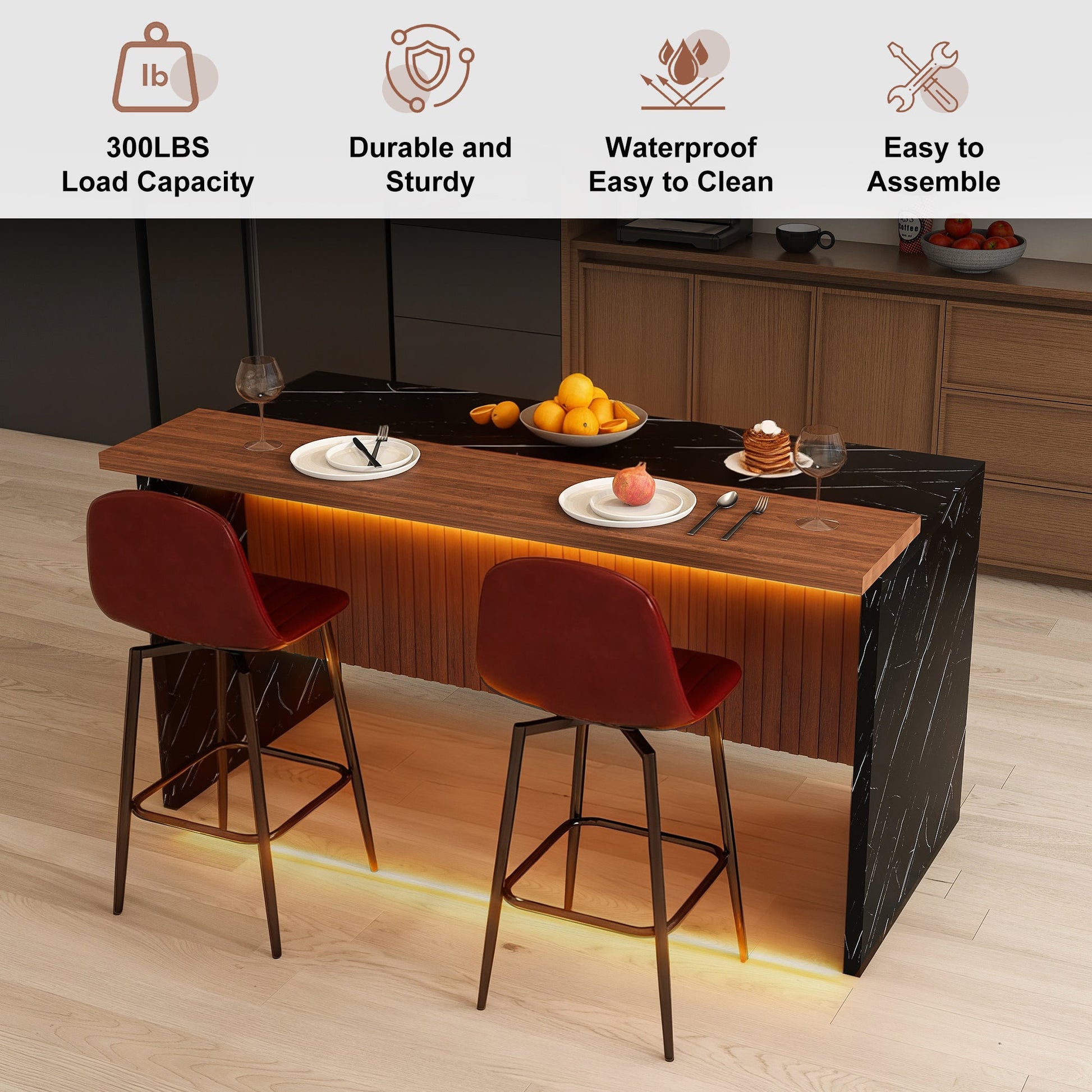 63 - inch Modern Kitchen Island Set with 2 Dark Brown Bar Stools - Black Marble Look Surface, LED Lighting & Grill Design for Dining Room, Open Concept Spaces, Lounge(2 Dark Brown Bar Stools) - 1st Choice Furniture Direct