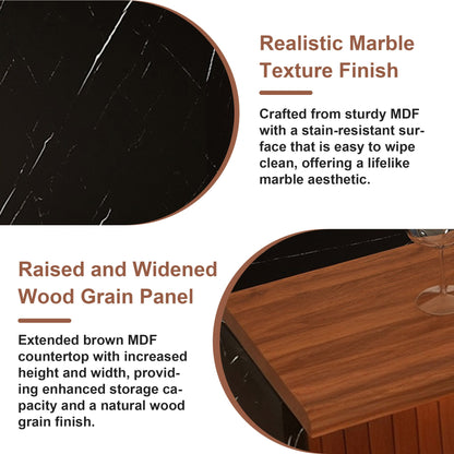 63 - inch Modern Kitchen Island Set with 2 Dark Brown Bar Stools - Black Marble Look Surface, LED Lighting & Grill Design for Dining Room, Open Concept Spaces, Lounge(2 Dark Brown Bar Stools) - 1st Choice Furniture Direct