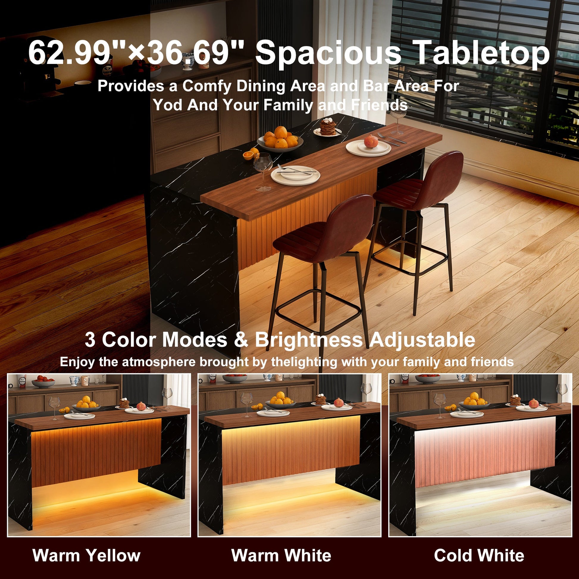 63 - inch Modern Kitchen Island Set with 2 Dark Brown Bar Stools - Black Marble Look Surface, LED Lighting & Grill Design for Dining Room, Open Concept Spaces, Lounge(2 Dark Brown Bar Stools) - 1st Choice Furniture Direct
