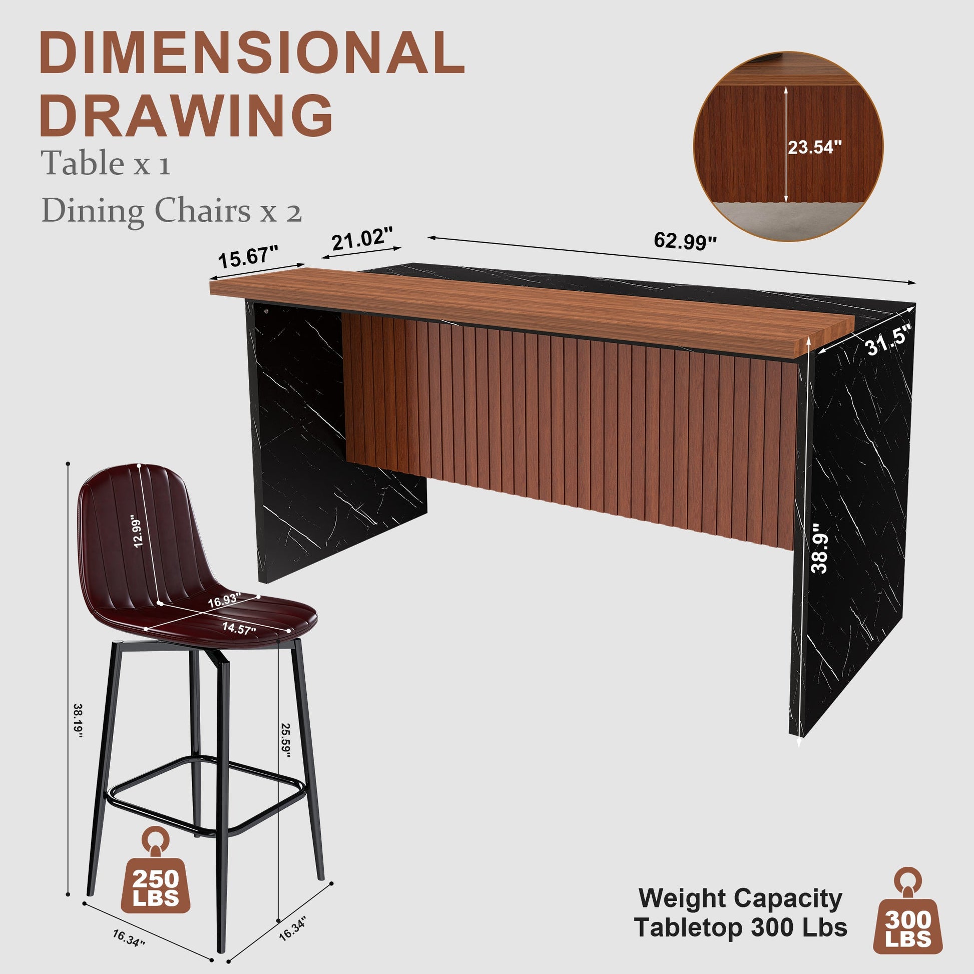 63 - inch Modern Kitchen Island Set with 2 Dark Brown Bar Stools - Black Marble Look Surface, LED Lighting & Grill Design for Dining Room, Open Concept Spaces, Lounge(2 Dark Brown Bar Stools) - 1st Choice Furniture Direct
