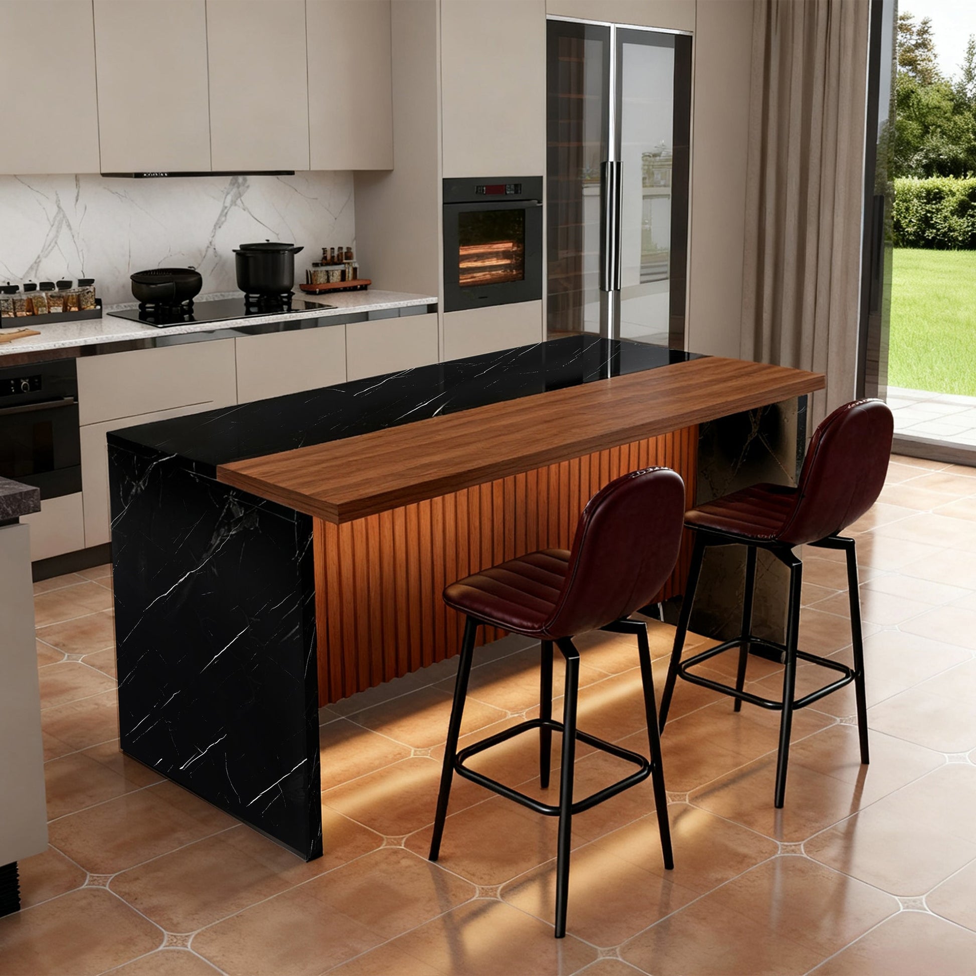 63 - inch Modern Kitchen Island Set with 2 Dark Brown Bar Stools - Black Marble Look Surface, LED Lighting & Grill Design for Dining Room, Open Concept Spaces, Lounge(2 Dark Brown Bar Stools) - 1st Choice Furniture Direct