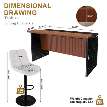 63' Modern Kitchen Island Set with 2 Beige Bar Stools - Black Marble Look Surface, LED Lighting & Grill Design for Dining Room, Open Concept Spaces, Lounge(2 Beige Bar Stools) - 1st Choice Furniture Direct