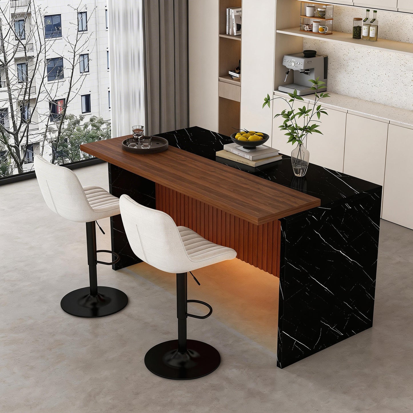 63' Modern Kitchen Island Set with 2 Beige Bar Stools - Black Marble Look Surface, LED Lighting & Grill Design for Dining Room, Open Concept Spaces, Lounge(2 Beige Bar Stools) - 1st Choice Furniture Direct