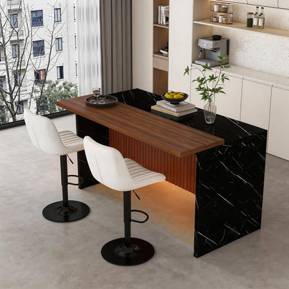 63' Modern Kitchen Island Set with 2 Beige Bar Stools - Black Marble Look Surface, LED Lighting & Grill Design for Dining Room, Open Concept Spaces, Lounge(2 Beige Bar Stools) - 1st Choice Furniture Direct