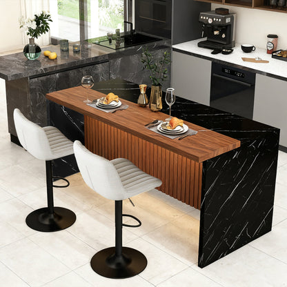 63' Modern Kitchen Island Set with 2 Beige Bar Stools - Black Marble Look Surface, LED Lighting & Grill Design for Dining Room, Open Concept Spaces, Lounge(2 Beige Bar Stools) - 1st Choice Furniture Direct