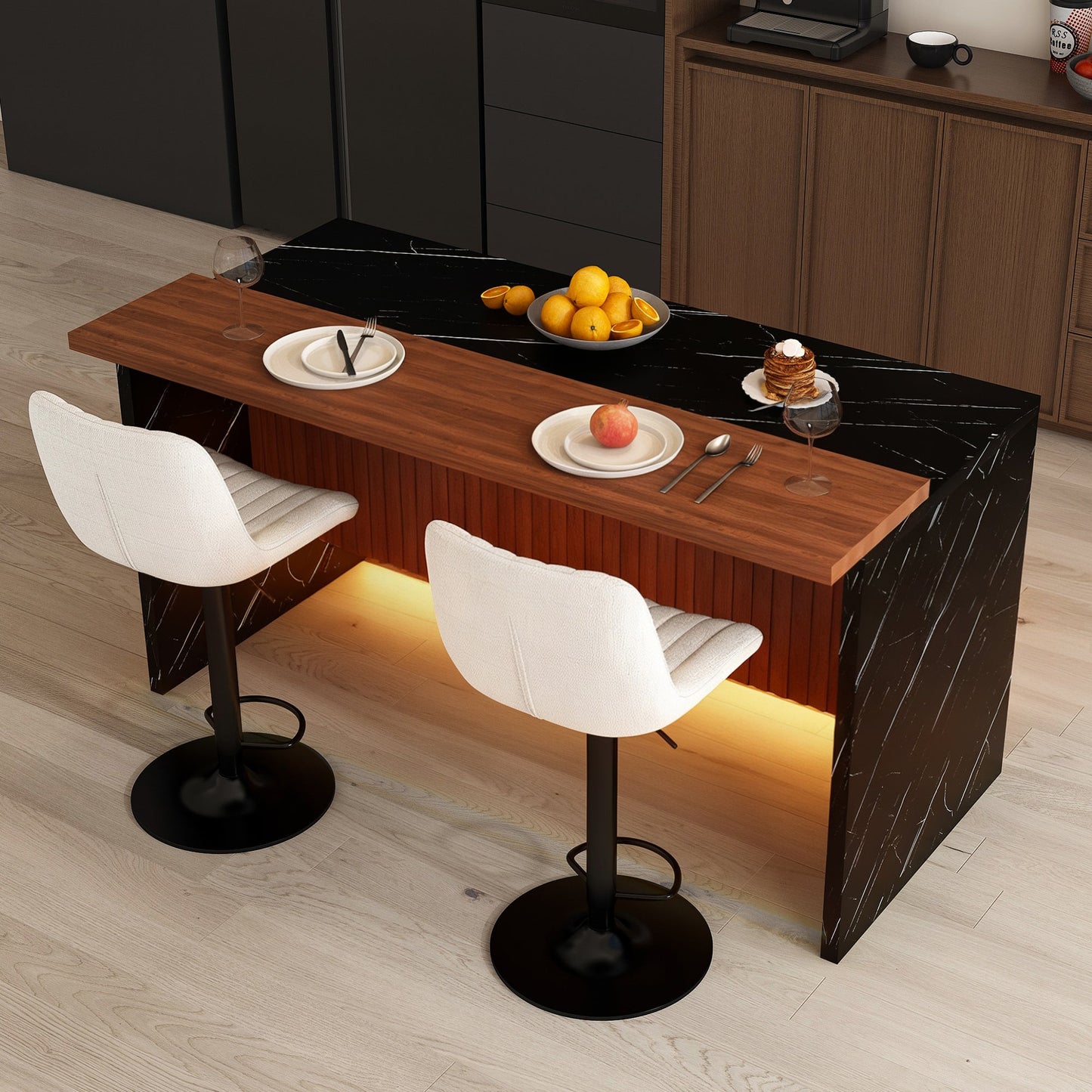63' Modern Kitchen Island Set with 2 Beige Bar Stools - Black Marble Look Surface, LED Lighting & Grill Design for Dining Room, Open Concept Spaces, Lounge(2 Beige Bar Stools) - 1st Choice Furniture Direct