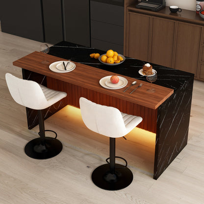 63' Modern Kitchen Island Set with 2 Beige Bar Stools - Black Marble Look Surface, LED Lighting & Grill Design for Dining Room, Open Concept Spaces, Lounge(2 Beige Bar Stools) - 1st Choice Furniture Direct
