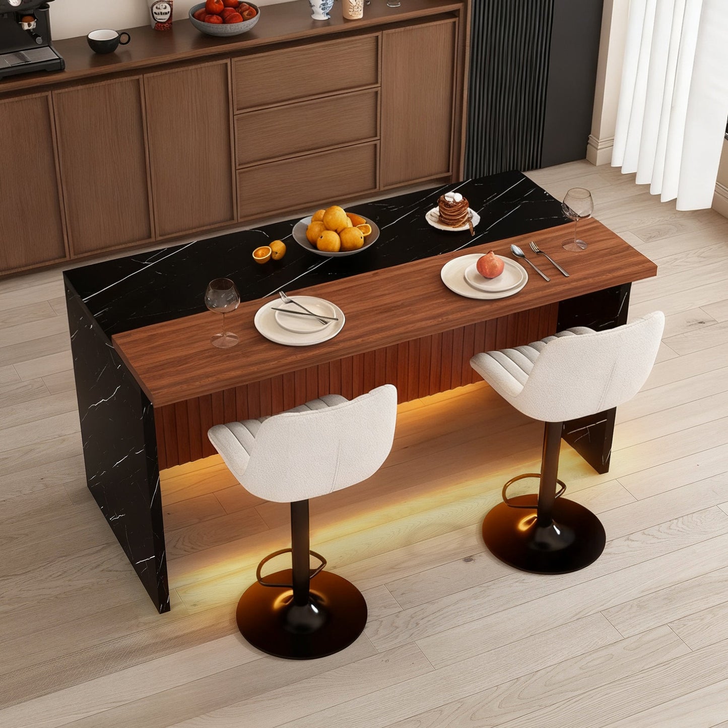 63' Modern Kitchen Island Set with 2 Beige Bar Stools - Black Marble Look Surface, LED Lighting & Grill Design for Dining Room, Open Concept Spaces, Lounge(2 Beige Bar Stools) - 1st Choice Furniture Direct