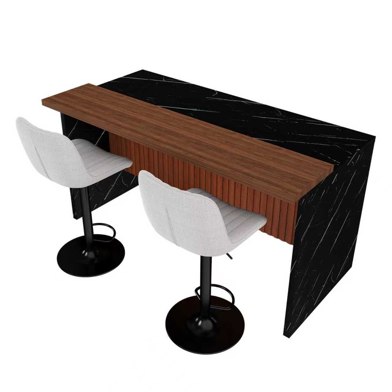 63' Modern Kitchen Island Set with 2 Beige Bar Stools - Black Marble Look Surface, LED Lighting & Grill Design for Dining Room, Open Concept Spaces, Lounge(2 Beige Bar Stools) - 1st Choice Furniture Direct