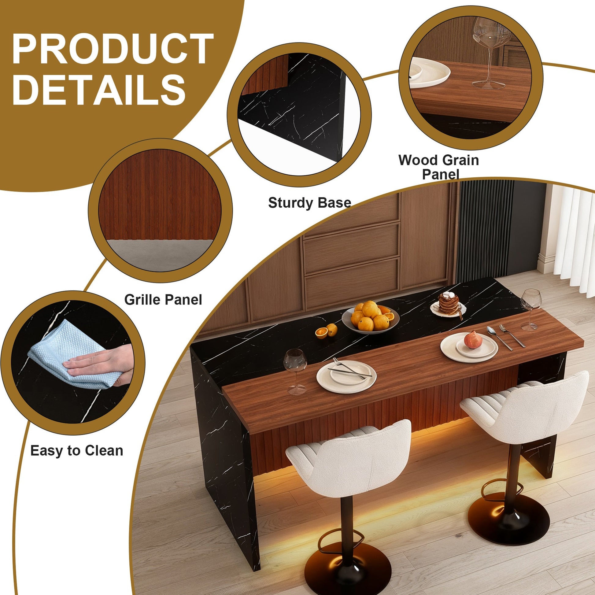 63' Modern Kitchen Island Set with 2 Beige Bar Stools - Black Marble Look Surface, LED Lighting & Grill Design for Dining Room, Open Concept Spaces, Lounge(2 Beige Bar Stools) - 1st Choice Furniture Direct