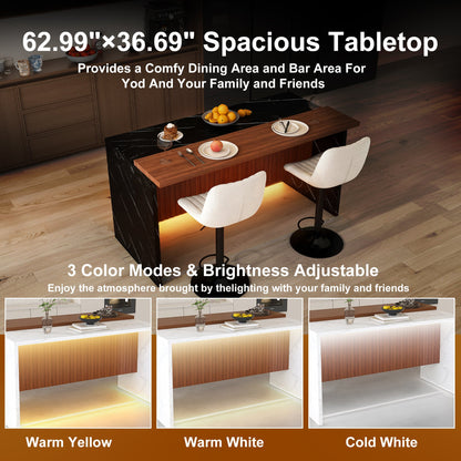 63' Modern Kitchen Island Set with 2 Beige Bar Stools - Black Marble Look Surface, LED Lighting & Grill Design for Dining Room, Open Concept Spaces, Lounge(2 Beige Bar Stools) - 1st Choice Furniture Direct