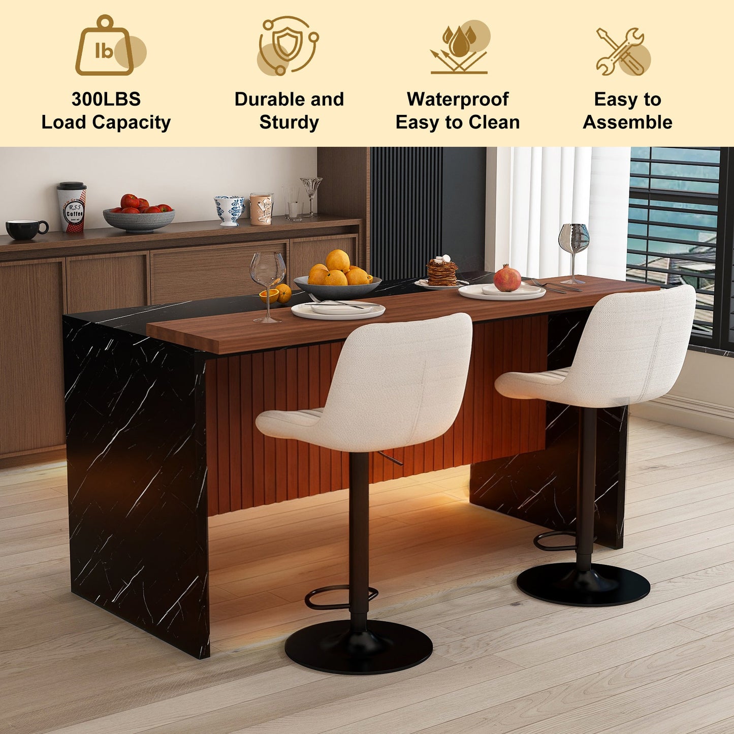 63' Modern Kitchen Island Set with 2 Beige Bar Stools - Black Marble Look Surface, LED Lighting & Grill Design for Dining Room, Open Concept Spaces, Lounge(2 Beige Bar Stools) - 1st Choice Furniture Direct