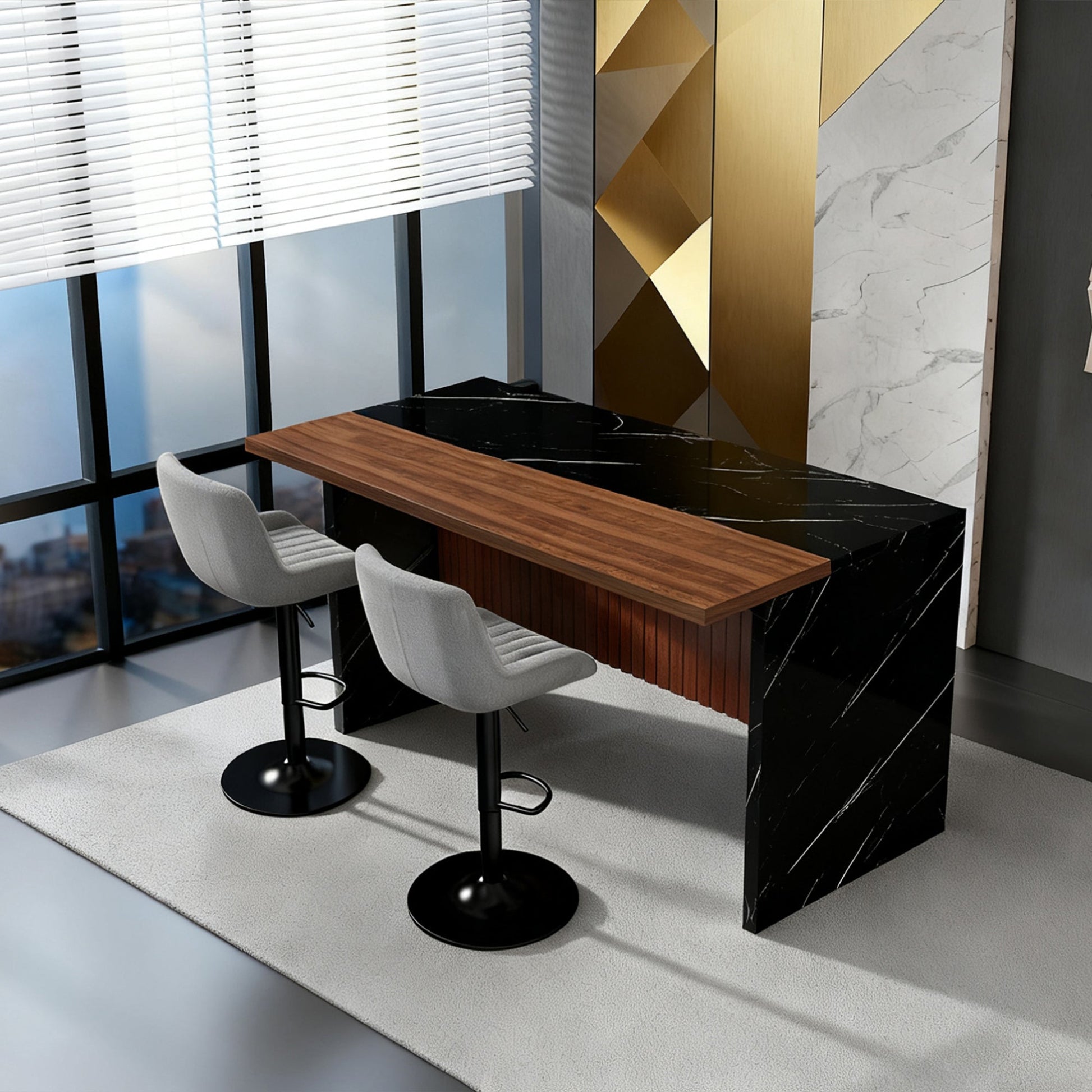 63' Modern Kitchen Island Set with 2 Gray Bar Stools - Black Marble Look Surface, LED Lighting & Grill Design for Dining Room, Open Concept Spaces, Lounge(2 Gray Bar Stools) - 1st Choice Furniture Direct