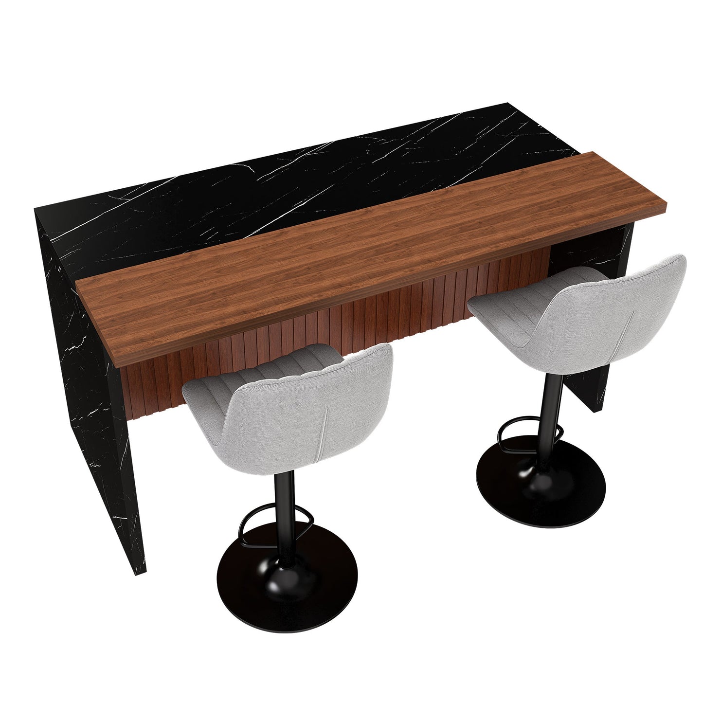 63' Modern Kitchen Island Set with 2 Gray Bar Stools - Black Marble Look Surface, LED Lighting & Grill Design for Dining Room, Open Concept Spaces, Lounge(2 Gray Bar Stools) - 1st Choice Furniture Direct