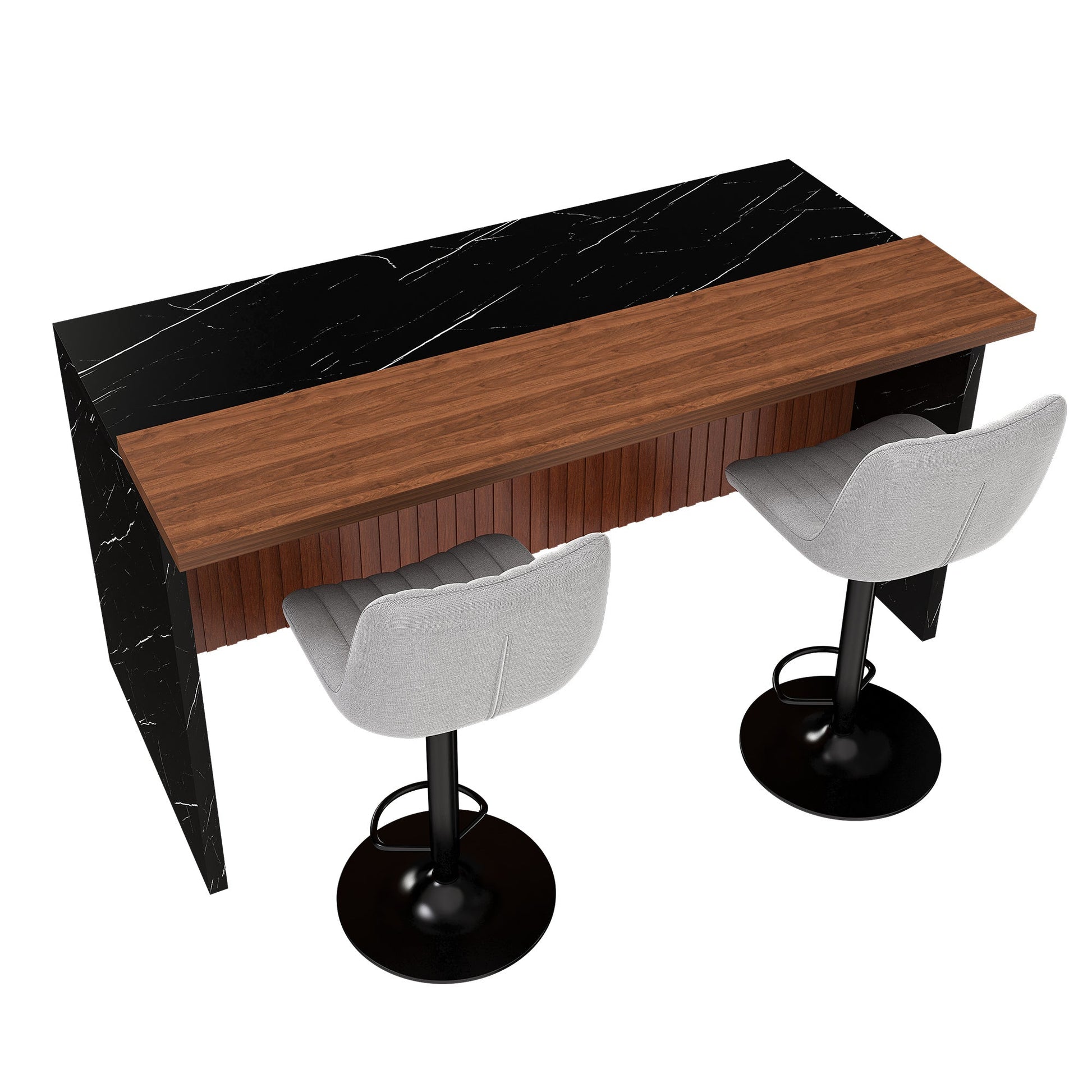 63' Modern Kitchen Island Set with 2 Gray Bar Stools - Black Marble Look Surface, LED Lighting & Grill Design for Dining Room, Open Concept Spaces, Lounge(2 Gray Bar Stools) - 1st Choice Furniture Direct