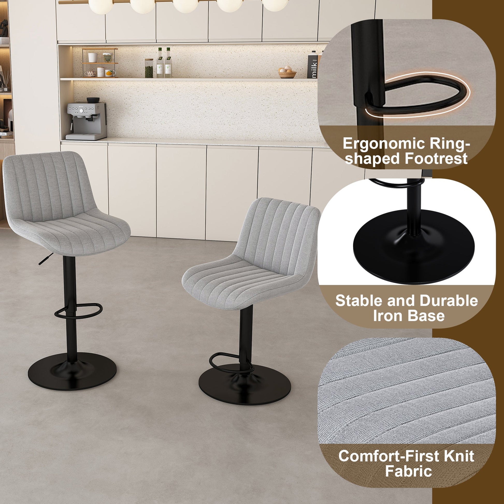 63' Modern Kitchen Island Set with 2 Gray Bar Stools - Black Marble Look Surface, LED Lighting & Grill Design for Dining Room, Open Concept Spaces, Lounge(2 Gray Bar Stools) - 1st Choice Furniture Direct