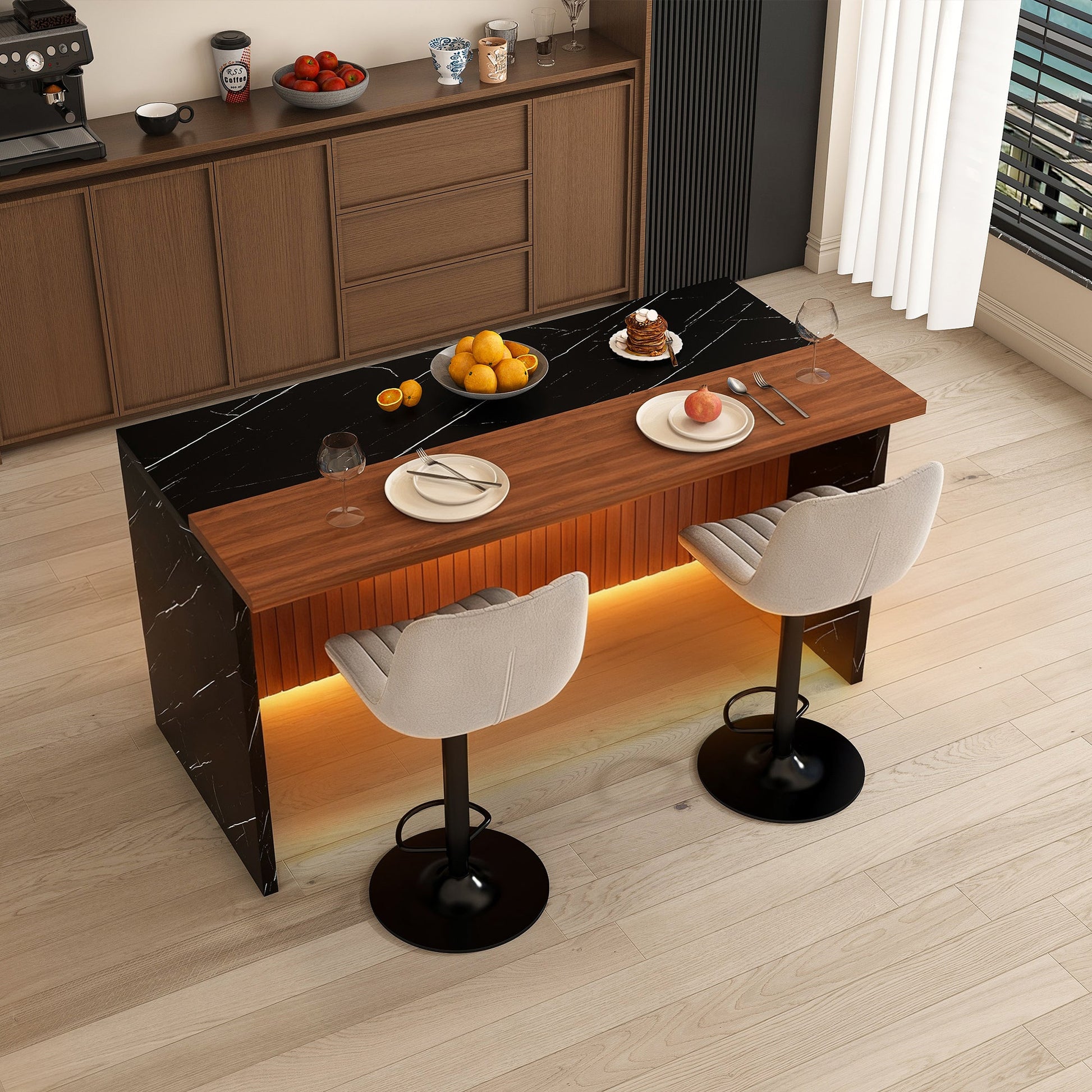 63' Modern Kitchen Island Set with 2 Gray Bar Stools - Black Marble Look Surface, LED Lighting & Grill Design for Dining Room, Open Concept Spaces, Lounge(2 Gray Bar Stools) - 1st Choice Furniture Direct