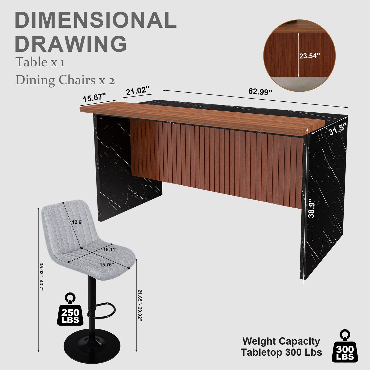 63' Modern Kitchen Island Set with 2 Gray Bar Stools - Black Marble Look Surface, LED Lighting & Grill Design for Dining Room, Open Concept Spaces, Lounge(2 Gray Bar Stools) - 1st Choice Furniture Direct