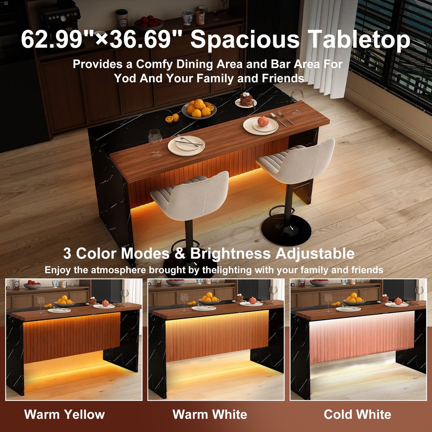 63' Modern Kitchen Island Set with 2 Gray Bar Stools - Black Marble Look Surface, LED Lighting & Grill Design for Dining Room, Open Concept Spaces, Lounge(2 Gray Bar Stools) - 1st Choice Furniture Direct