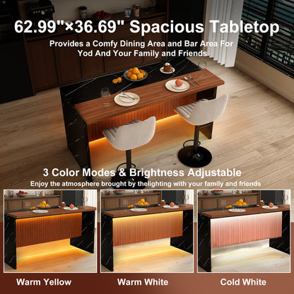 63' Modern Kitchen Island Set with 2 Gray Bar Stools - Black Marble Look Surface, LED Lighting & Grill Design for Dining Room, Open Concept Spaces, Lounge(2 Gray Bar Stools) - 1st Choice Furniture Direct