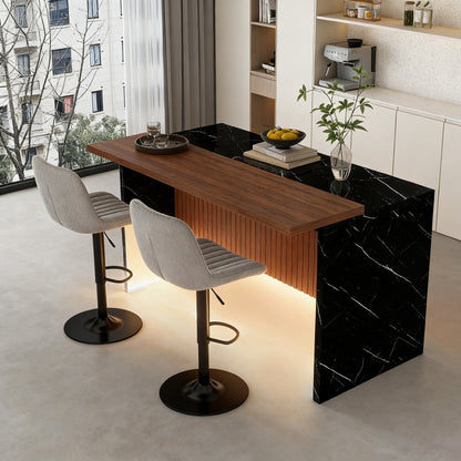 63' Modern Kitchen Island Set with 2 Gray Bar Stools - Black Marble Look Surface, LED Lighting & Grill Design for Dining Room, Open Concept Spaces, Lounge(2 Gray Bar Stools) - 1st Choice Furniture Direct