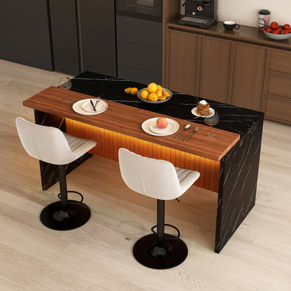 63' Modern Kitchen Island Set with 2 Gray Bar Stools - Black Marble Look Surface, LED Lighting & Grill Design for Dining Room, Open Concept Spaces, Lounge(2 Gray Bar Stools) - 1st Choice Furniture Direct
