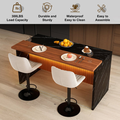 63' Modern Kitchen Island Set with 2 Gray Bar Stools - Black Marble Look Surface, LED Lighting & Grill Design for Dining Room, Open Concept Spaces, Lounge(2 Gray Bar Stools) - 1st Choice Furniture Direct
