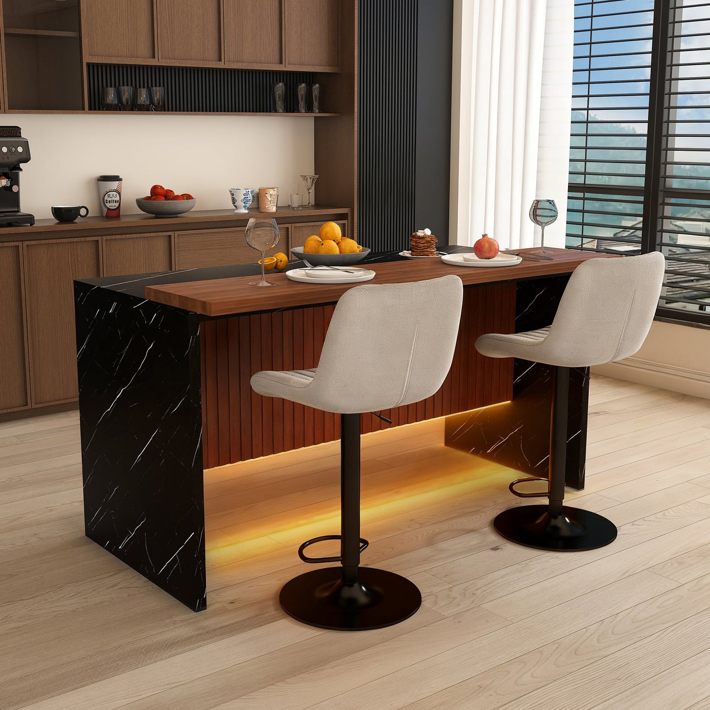 63' Modern Kitchen Island Set with 2 Gray Bar Stools - Black Marble Look Surface, LED Lighting & Grill Design for Dining Room, Open Concept Spaces, Lounge(2 Gray Bar Stools) - 1st Choice Furniture Direct