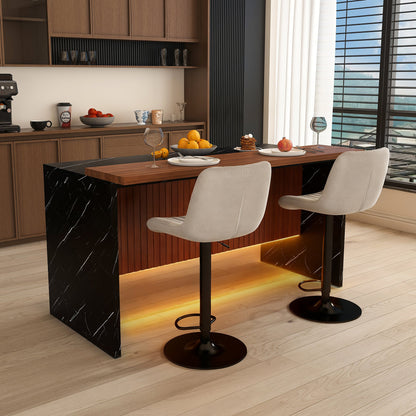 63' Modern Kitchen Island Set with 2 Gray Bar Stools - Black Marble Look Surface, LED Lighting & Grill Design for Dining Room, Open Concept Spaces, Lounge(2 Gray Bar Stools) - 1st Choice Furniture Direct