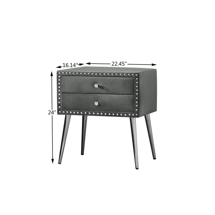 1st Choice Durable Elegant Grey Velvet Nightstand in Classic Silver