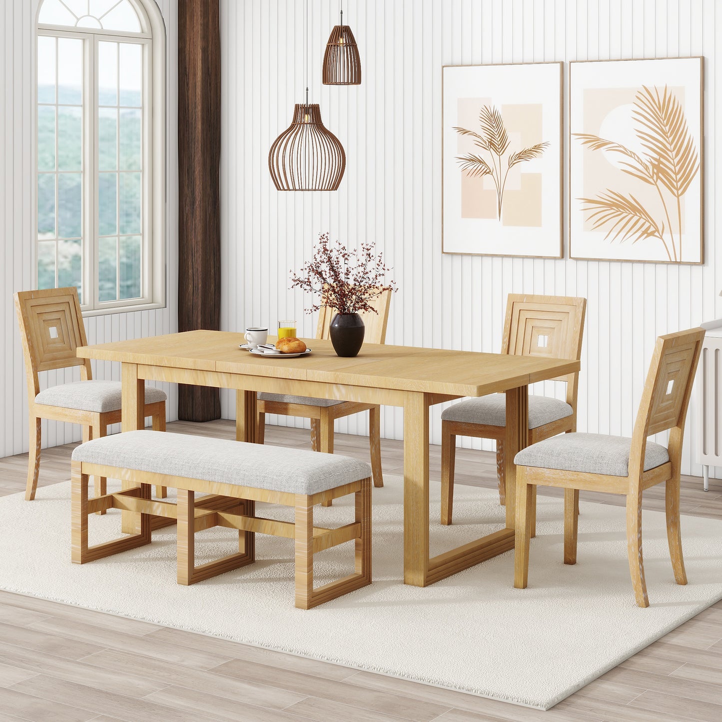 1st Choice Modern 78" 6-Piece Extendable Dining Table Set in Natural