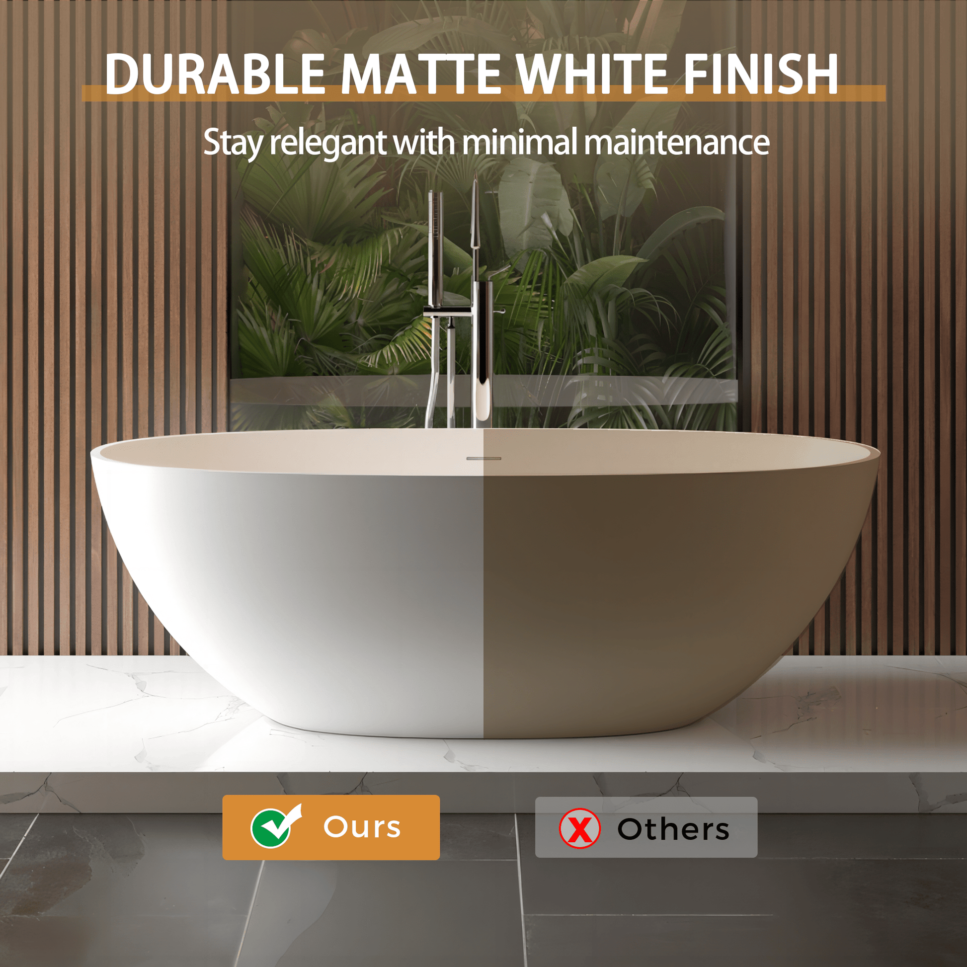 65' Freestanding Solid Surface Bathtub, Luxury Handcrafted Stone Resin Freestanding Soaking Bathtub with Overflow and Pop - up Drain, Matte White 24S06 - 65MW - 1st Choice Furniture Direct