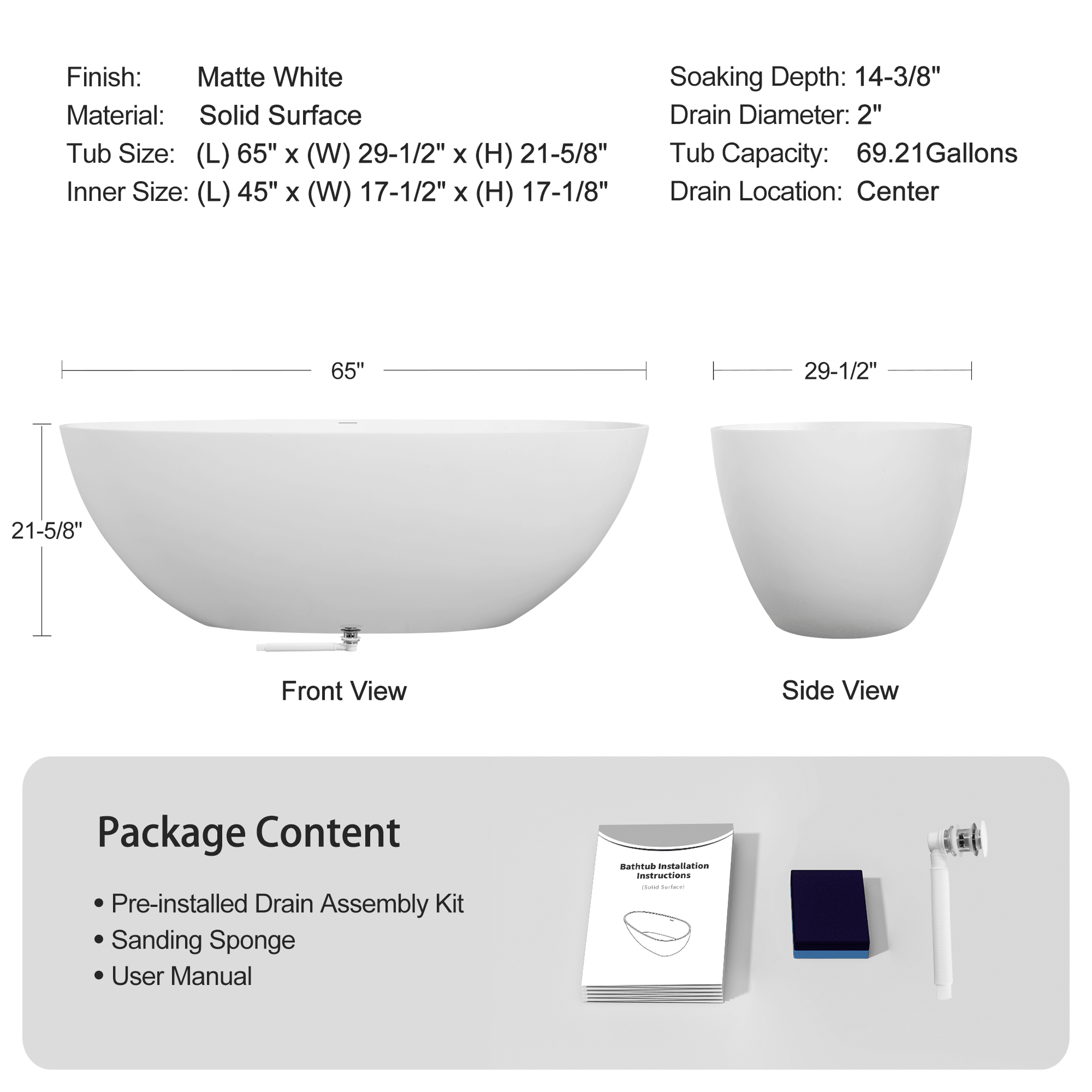 65' Freestanding Solid Surface Bathtub, Luxury Handcrafted Stone Resin Freestanding Soaking Bathtub with Overflow and Pop - up Drain, Matte White 24S06 - 65MW - 1st Choice Furniture Direct