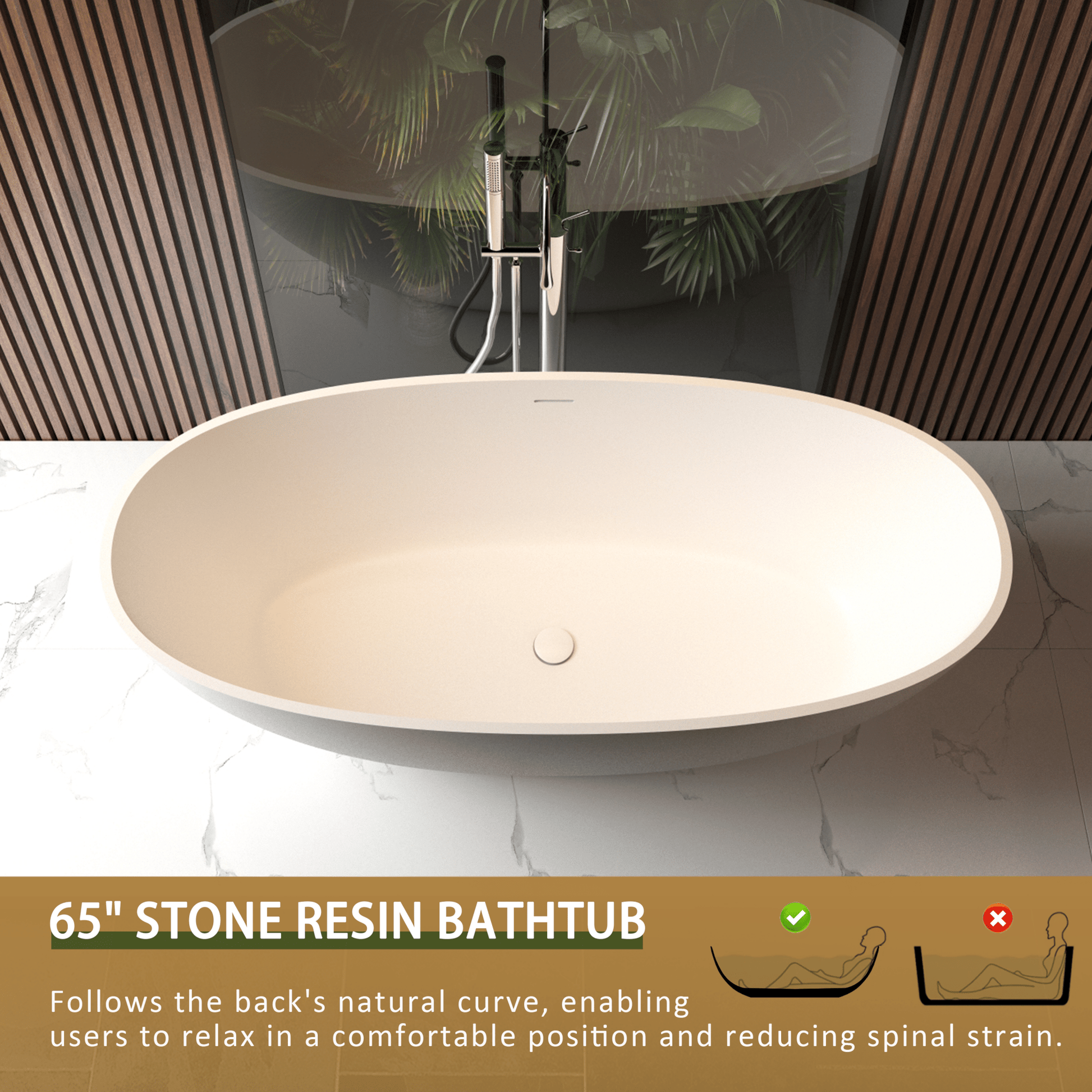 65' Freestanding Solid Surface Bathtub, Luxury Handcrafted Stone Resin Freestanding Soaking Bathtub with Overflow and Pop - up Drain, Matte White 24S06 - 65MW - 1st Choice Furniture Direct