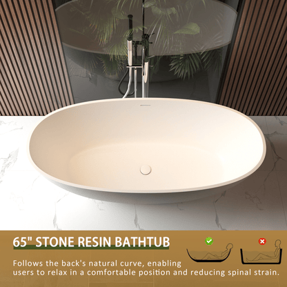 65' Freestanding Solid Surface Bathtub, Luxury Handcrafted Stone Resin Freestanding Soaking Bathtub with Overflow and Pop - up Drain, Matte White 24S06 - 65MW - 1st Choice Furniture Direct