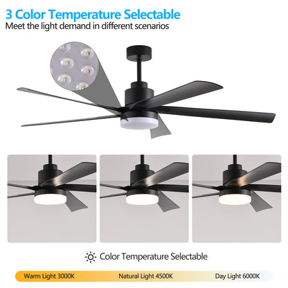 65 Inch Black Ceiling Fan with Light, 5 - Blade Dimmable LED Ceiling Fan with Remote Control, Modern Quiet Design for Living Room and Bedroom (Silent/6 - Speed/Reversible/DC Motor) - 1st Choice Furniture Direct
