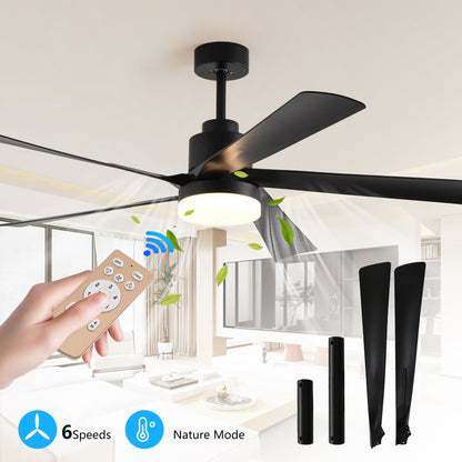 65 Inch Black Ceiling Fan with Light, 5 - Blade Dimmable LED Ceiling Fan with Remote Control, Modern Quiet Design for Living Room and Bedroom (Silent/6 - Speed/Reversible/DC Motor) - 1st Choice Furniture Direct
