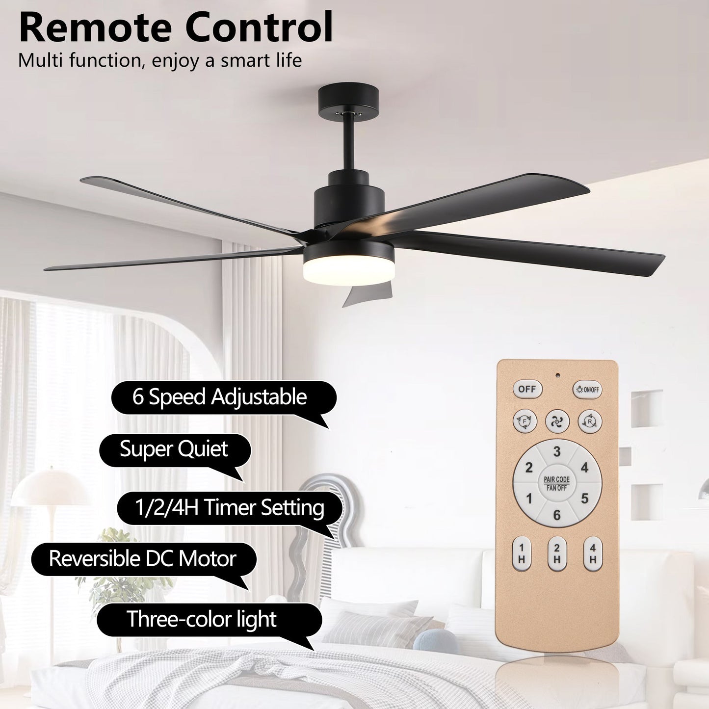 65 Inch Black Ceiling Fan with Light, 5 - Blade Dimmable LED Ceiling Fan with Remote Control, Modern Quiet Design for Living Room and Bedroom (Silent/6 - Speed/Reversible/DC Motor) - 1st Choice Furniture Direct