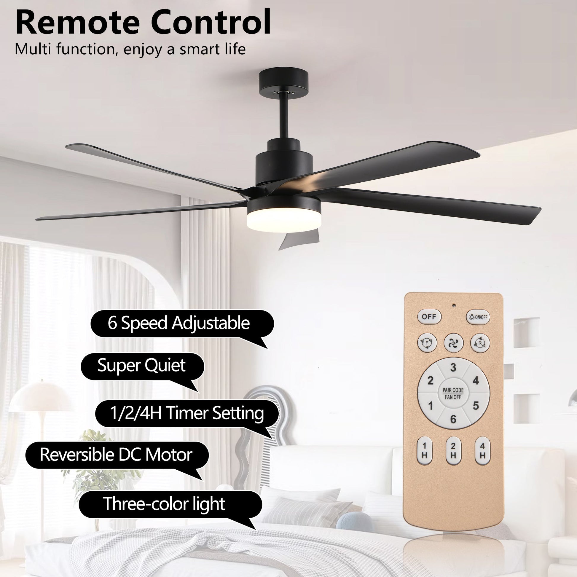 65 Inch Black Ceiling Fan with Light, 5 - Blade Dimmable LED Ceiling Fan with Remote Control, Modern Quiet Design for Living Room and Bedroom (Silent/6 - Speed/Reversible/DC Motor) - 1st Choice Furniture Direct