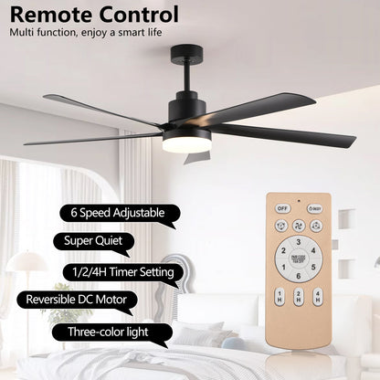 65 Inch Black Ceiling Fan with Light, 5 - Blade Dimmable LED Ceiling Fan with Remote Control, Modern Quiet Design for Living Room and Bedroom (Silent/6 - Speed/Reversible/DC Motor) - 1st Choice Furniture Direct