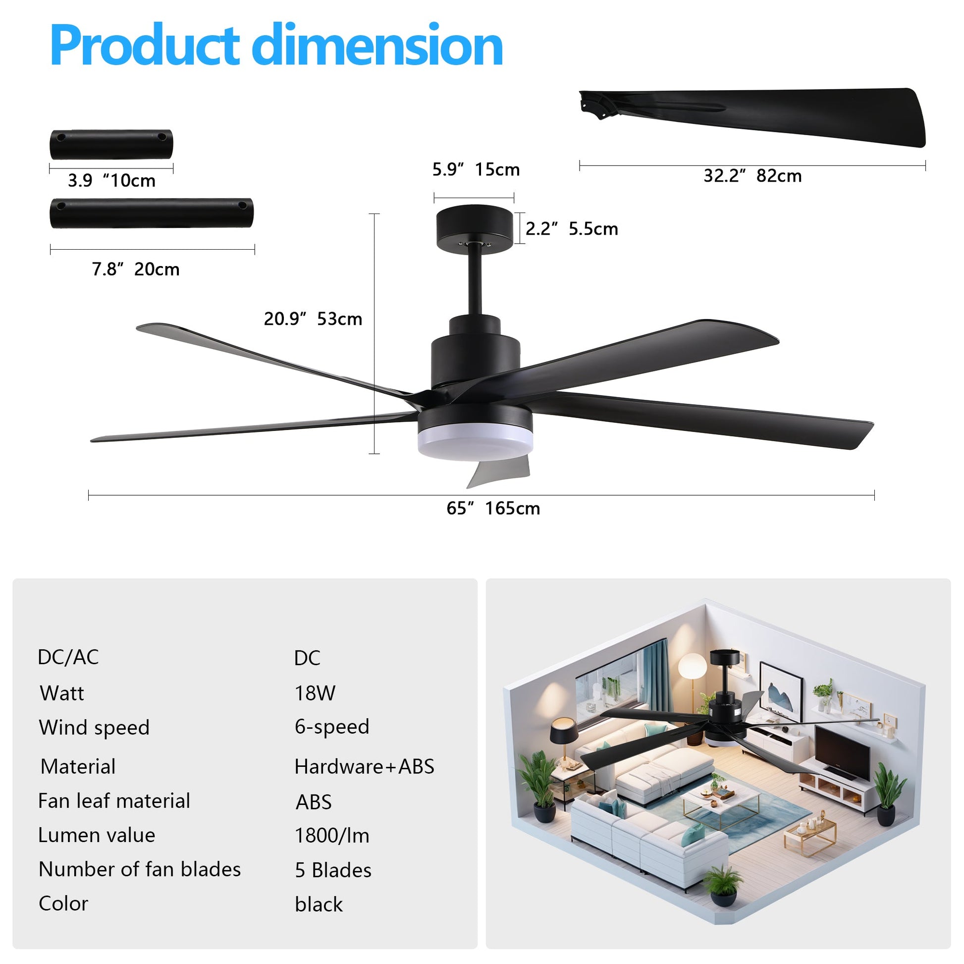 65 Inch Black Ceiling Fan with Light, 5 - Blade Dimmable LED Ceiling Fan with Remote Control, Modern Quiet Design for Living Room and Bedroom (Silent/6 - Speed/Reversible/DC Motor) - 1st Choice Furniture Direct