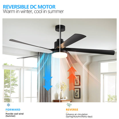65 Inch Black Ceiling Fan with Light, 5 - Blade Dimmable LED Ceiling Fan with Remote Control, Modern Quiet Design for Living Room and Bedroom (Silent/6 - Speed/Reversible/DC Motor) - 1st Choice Furniture Direct