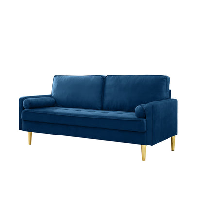 65-inch minimalist velvet sofa with metallic-coloured legs, complete with cushions, suitable for the living room or bedroom. - 1st Choice Furniture Direct