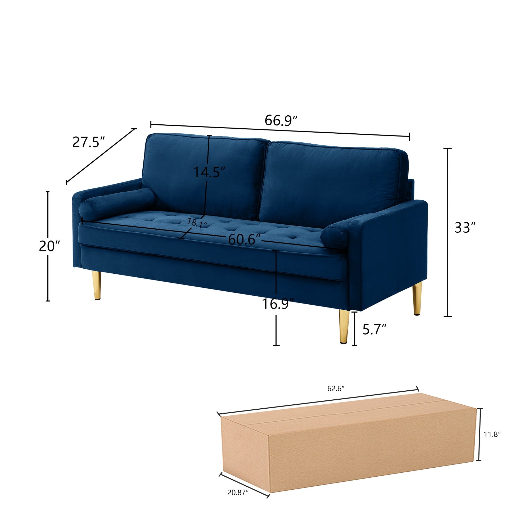65-inch minimalist velvet sofa with metallic-coloured legs, complete with cushions, suitable for the living room or bedroom. - 1st Choice Furniture Direct