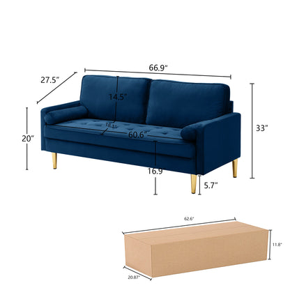 65-inch minimalist velvet sofa with metallic-coloured legs, complete with cushions, suitable for the living room or bedroom. - 1st Choice Furniture Direct