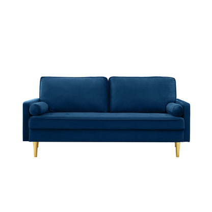 65-inch minimalist velvet sofa with metallic-coloured legs, complete with cushions, suitable for the living room or bedroom. - 1st Choice Furniture Direct