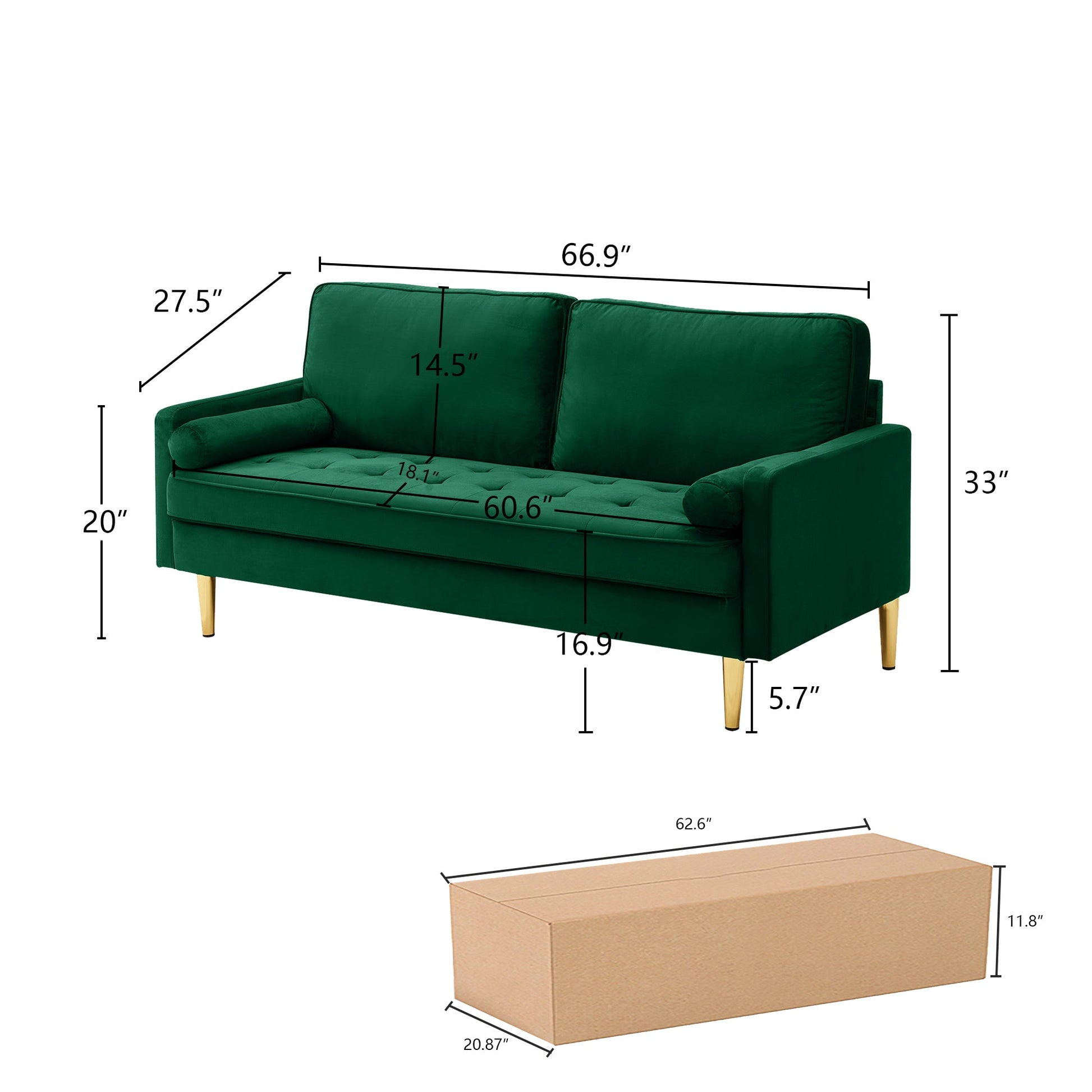 65 - inch minimalist velvet sofa with metallic - coloured legs, complete with cushions, suitable for the living room or bedroom. - 1st Choice Furniture Direct